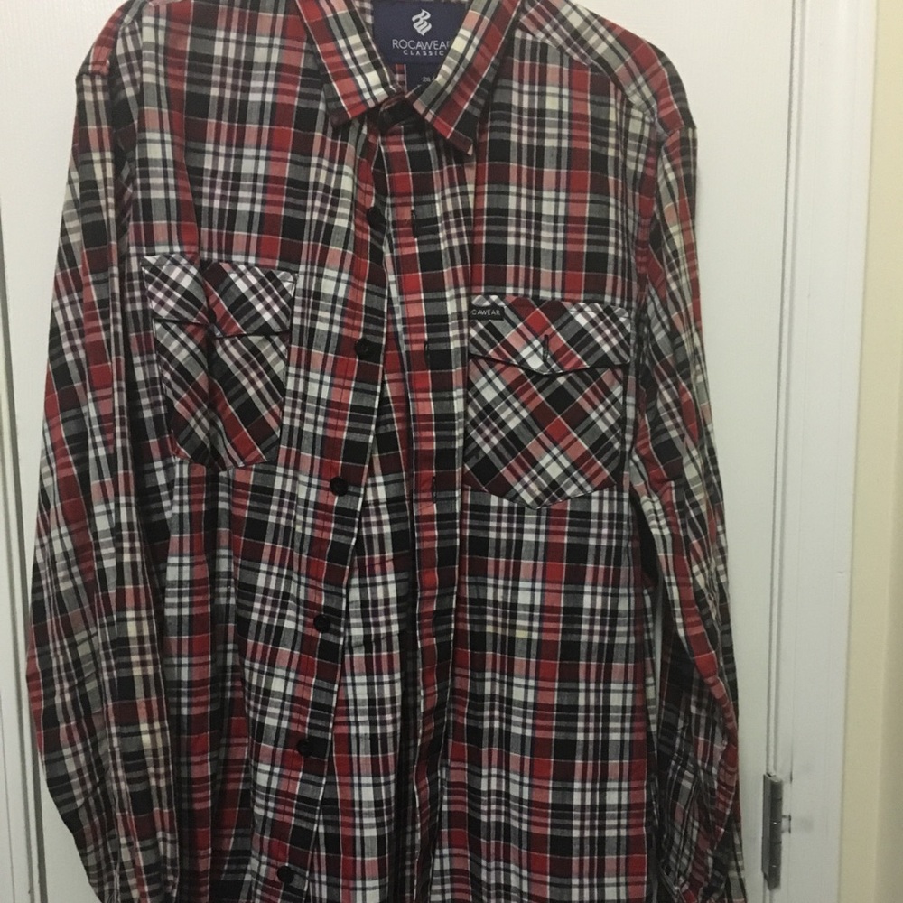 Men’s red, white, and black button down